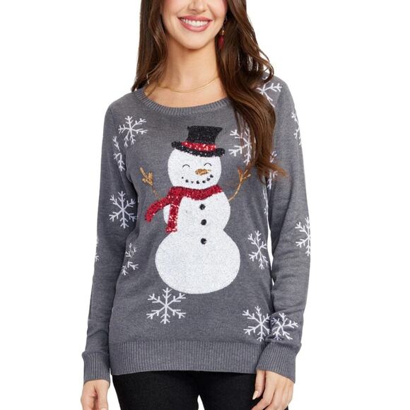 Tipsy Elves Women’s Gray Sequined Snowman Snow Day Christmas Sweater Size L New - Picture 1 of 14